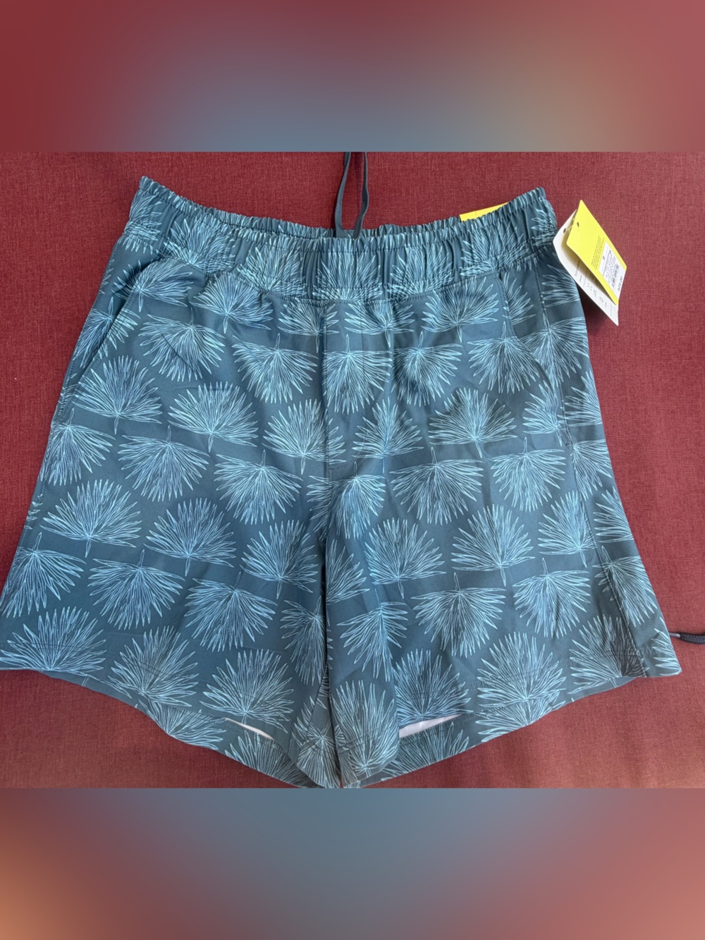 NWT mens all in motion Teal Palm-Pattern Swim Trunks